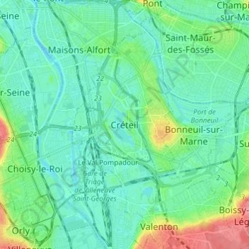 Mapa topográfico Créteil, altitud, relieve