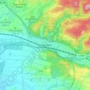 Mapa topográfico Scharzfeld, altitud, relieve