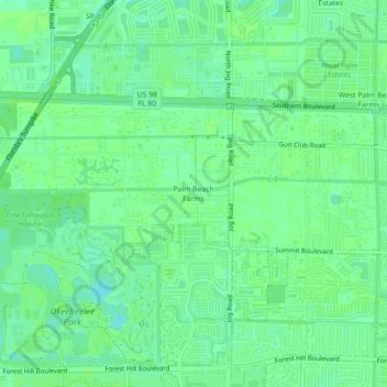 Mapa topográfico Palm Beach Farms, altitud, relieve