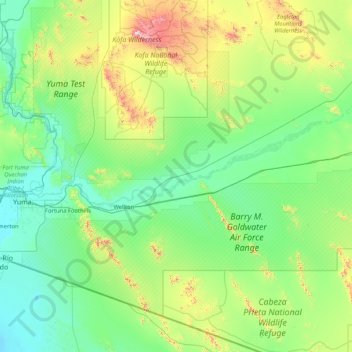 Mapa topográfico Yuma, altitud, relieve