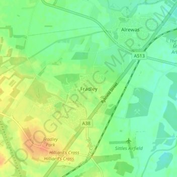 Mapa topográfico Fradley, altitud, relieve