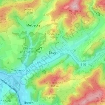 Mapa topográfico Elspe, altitud, relieve