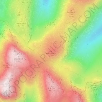 Mapa topográfico Allen Crags, altitud, relieve