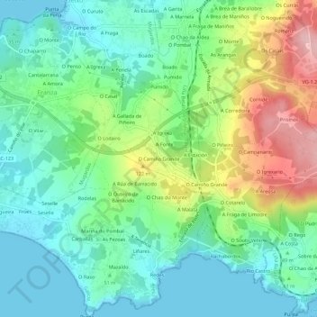 Mapa topográfico O Camiño Grande, altitud, relieve