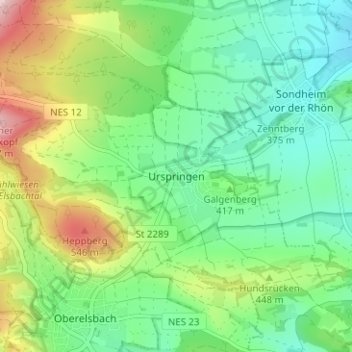 Mapa topográfico Urspringen, altitud, relieve