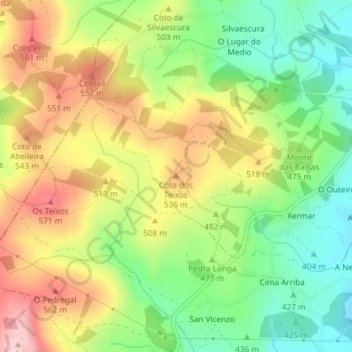 Mapa topográfico Coto dos Teixos, altitud, relieve