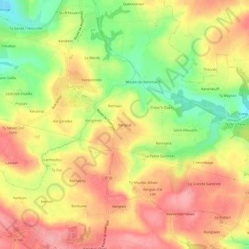 Mapa topográfico Kergoat, altitud, relieve