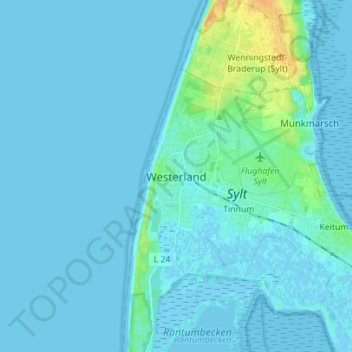 Mapa topográfico Westerland, altitud, relieve