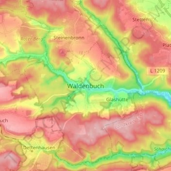 Mapa topográfico Waldenbuch, altitud, relieve