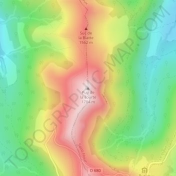Mapa topográfico Puy de la Tourte, altitud, relieve