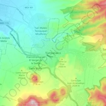 Mapa topográfico Tlalmanalco, altitud, relieve