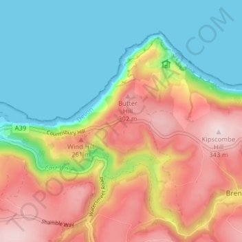 Mapa topográfico Countisbury, altitud, relieve