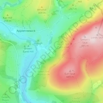 Mapa topográfico Howgill, altitud, relieve