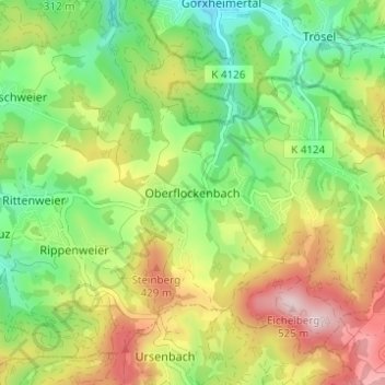 Mapa topográfico Oberflockenbach, altitud, relieve