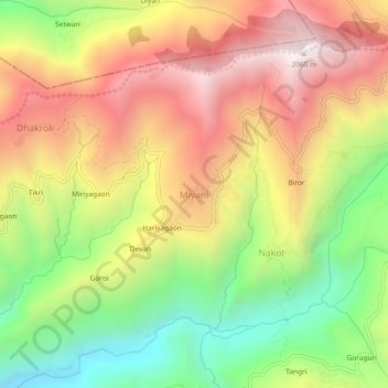 Mapa topográfico Miyani, altitud, relieve