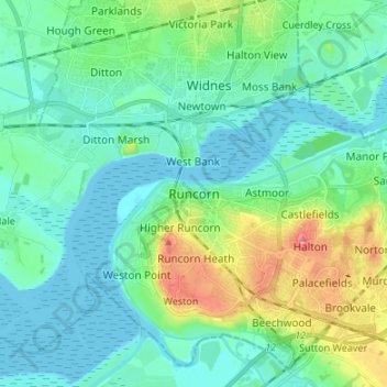 Mapa topográfico Runcorn, altitud, relieve