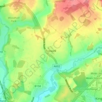 Mapa topográfico Tonwell, altitud, relieve