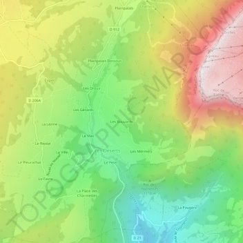 Mapa topográfico Les Bouvards, altitud, relieve