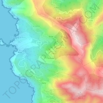 Mapa topográfico Centuri, altitud, relieve