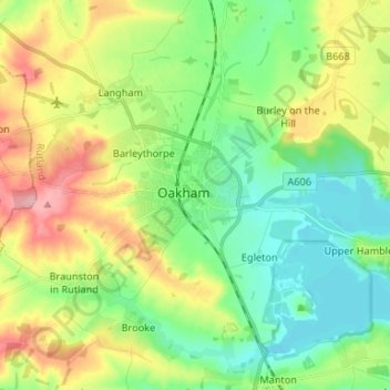 Mapa topográfico Oakham, altitud, relieve