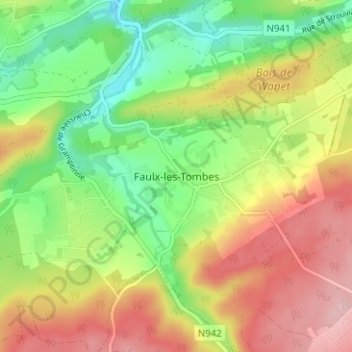 Mapa topográfico Faulx-Les Tombes, altitud, relieve