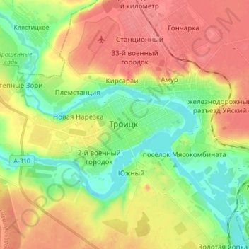 Mapa topográfico Troitsk, altitud, relieve