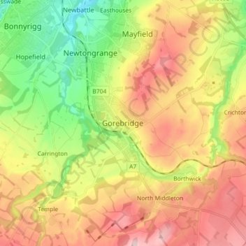 Mapa topográfico Gorebridge, altitud, relieve
