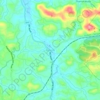 Mapa topográfico Mylom, altitud, relieve