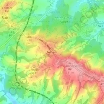 Mapa topográfico Telham, altitud, relieve