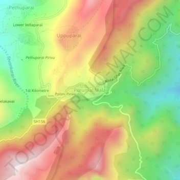 Mapa topográfico Perumal Malai, altitud, relieve