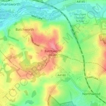 Mapa topográfico Batchworth Heath, altitud, relieve