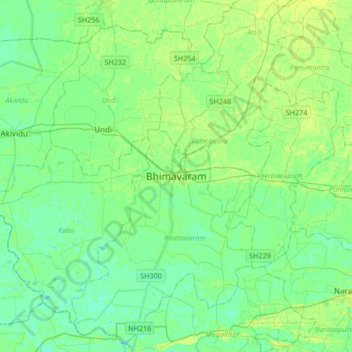 Mapa topográfico Bhimavaram, altitud, relieve
