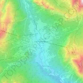 Mapa topográfico Cortina d'Ampezzo, altitud, relieve