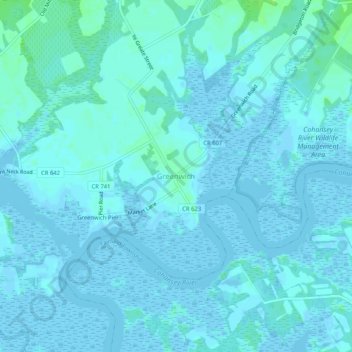 Mapa topográfico Greenwich, altitud, relieve