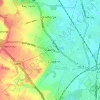 Mapa topográfico Scawsby, altitud, relieve