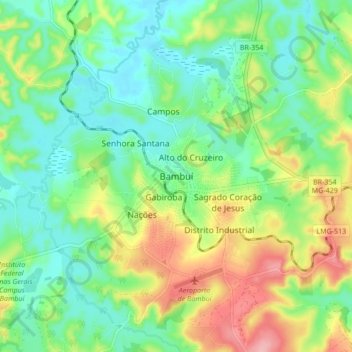 Mapa topográfico Bambuí, altitud, relieve
