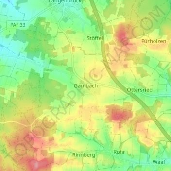 Mapa topográfico Gambach, altitud, relieve