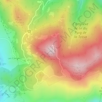 Mapa topográfico Puig de la Tossa, altitud, relieve