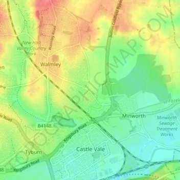 Mapa topográfico Walmley Ash, altitud, relieve