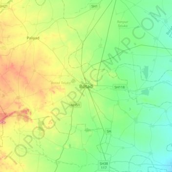 Mapa topográfico Botad, altitud, relieve