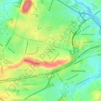 Mapa topográfico Wyomissing Hills, altitud, relieve