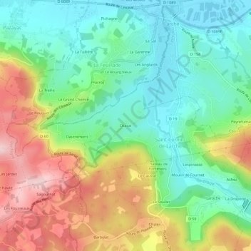 Mapa topográfico Chazat, altitud, relieve