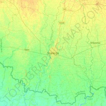 Mapa topográfico Dinajpur, altitud, relieve