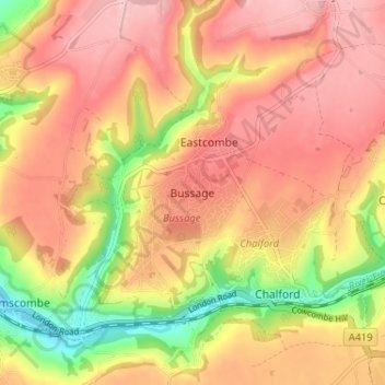 Mapa topográfico Bussage, altitud, relieve
