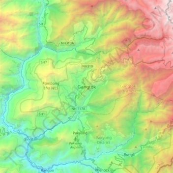 Mapa topográfico Gangtok, altitud, relieve