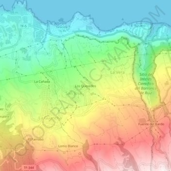 Mapa topográfico Los Quevedos, altitud, relieve