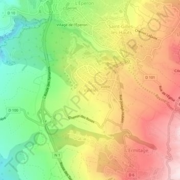 Mapa topográfico Villèle, altitud, relieve