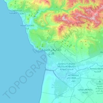 Mapa topográfico Agadir, altitud, relieve