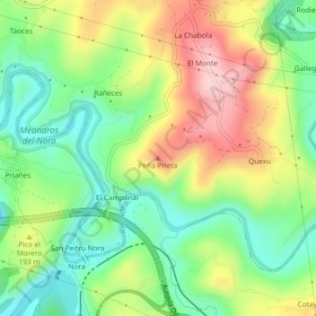 Mapa topográfico Peña Prieta, altitud, relieve