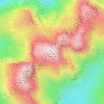 Mapa topográfico Scafell Pike, altitud, relieve